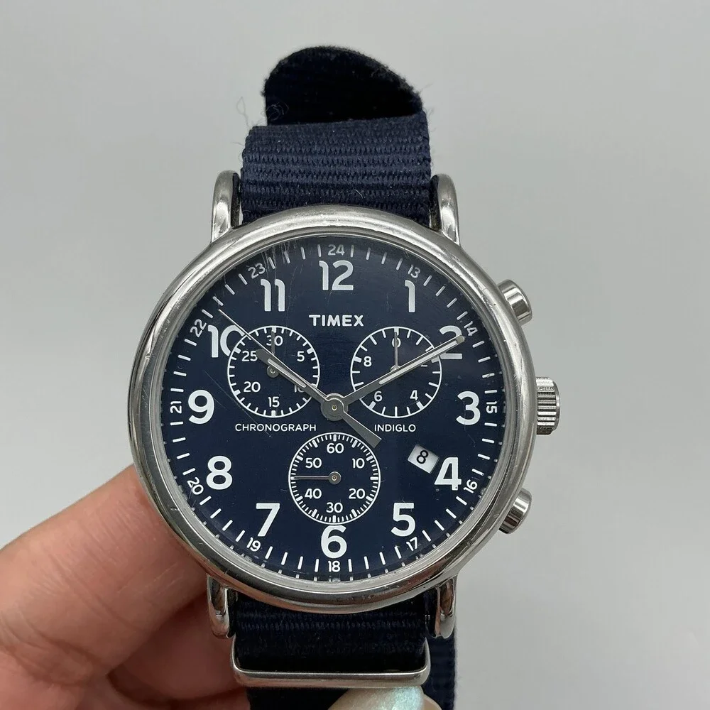 Timex Indiglo Chronograph Mens Watch 40mm Blue Dial Blue Date New Battery